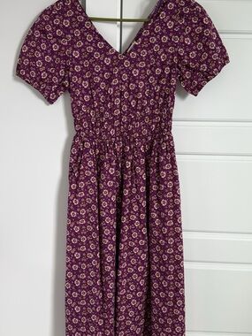 J. Crew Purple Floral V‑Neck Smocked Waist Midi Dress